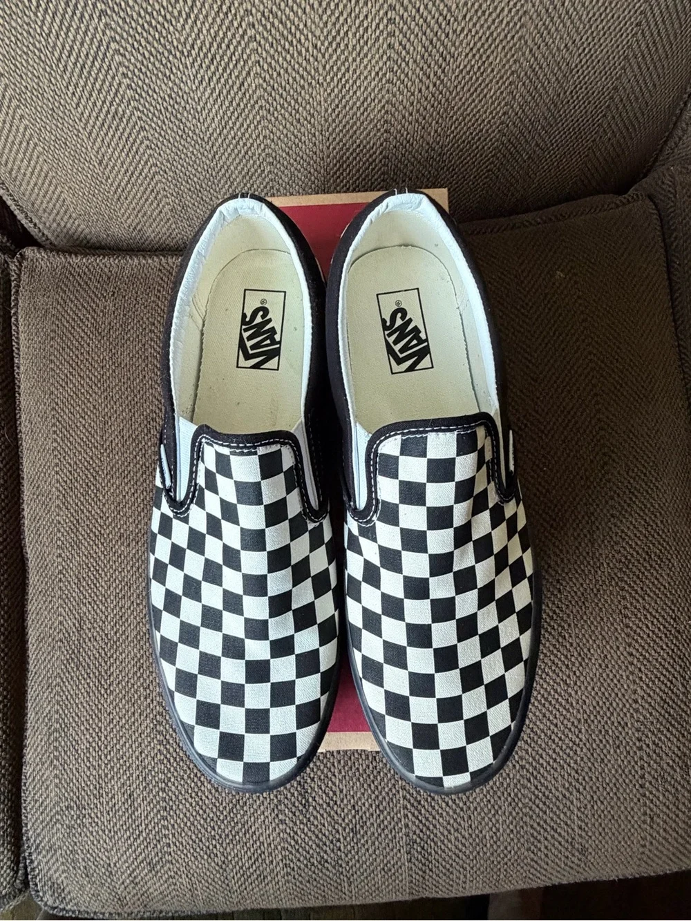 Vans Classic Checkerboard Slip-On Shoe, Black Soles, Men’s 10.5